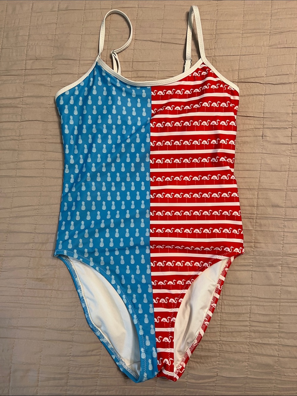 chubbies Two-Tone Pineapple & Flamingo One-Piece Swimsuit in Blue & Red